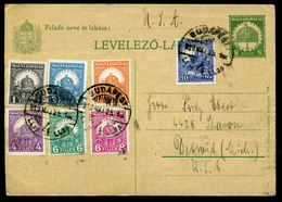 BUDAPEST 1929. Hét Bélyeggel (7 Címlet) Kiegészített Díjjegyes Levlap Az USA-ba Küldve  /  7 Stamp (7 Denominations) Upr - Covers & Documents