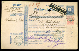 BESZTERCEBÁNYA 1877. Kiegészített Díjjegyes Postautalvány Kék Bélyegzéssel Budapestre Küldve (a Katalógus A Kék Színű Bé - Usati