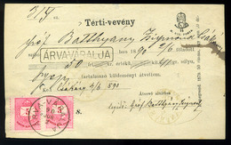 ÁRVAVÁRALJA 1890. Tértivevény 2*5Kr , Gróf Batthyány Zsigmond Aláírásával! Szép!  /  Return Recepisse 2*5Kr Signed By Co - Used Stamps