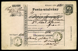 PERESZLÉNY 1876. Díjjegyes Postautalvány Esztergomba Küldve  /  Stationery Postal Money Order To Esztergom - Oblitérés