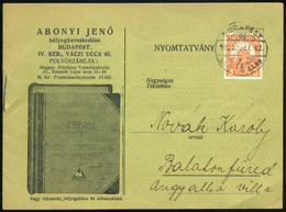 BUDAPEST 1930. Postázott Abonyi Bélyegárjegyzék Balatonfüredre Küldve. Szép!  /  BUDAPEST 1930 Mailed Abony Stamp Price  - Storia Postale