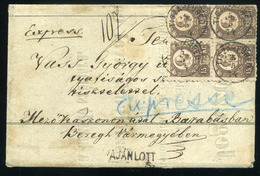 TISZAFÜRED 1874. Külterületre Küldött Expressz-ajánlott Levél 15Kr Négyestömb(!!) + 5kr Pár Bérmentesítéssel Barabásra K - Lettres & Documents