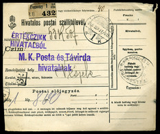 POZSONY 1910. Hivatalos Postai Szállítólevél Veszelére Küldve   /  Official Postal Parcel P.card To Veszele - Oblitérés