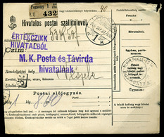 POZSONY 1910. Hivatalos Postai Szállítólevél Veszelére Küldve   /  Official Postal Parcel P.card To Veszele - Usati