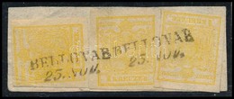 1850 3 X 1kr HP III 4. Lemez, Kadmiumsárga, Egy Bélyegen Lemezhiba / 3 X 1kr HP III Plate 4., Cadmium Yellow, 1 Stamp Wi - Other & Unclassified