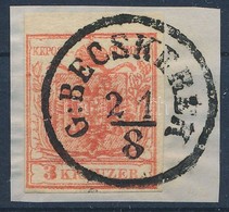 1850 3kr HP IIIa Rózsaszín Kárminpiros / Rose Carmine Red 'G:BECSKEREK' Certificate: Strakosch - Other & Unclassified