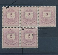 ** * 1881 2kr II. Lemez 5-ös Tömb Klf Lemezhibákkal, Javítással (ex Lovász) / Plate II Block Of 5, With Plate Flaws, Ret - Other & Unclassified