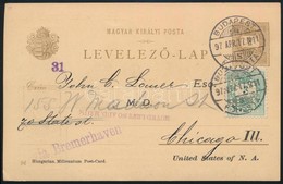 1897 2kr Millenniumi Reklám Díjjegyes Levelezőlap (Hunyadi Víz) Céglyukasztásos 3kr Kiegészítéssel Chicagóba / 2k PS-car - Autres & Non Classés