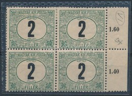 * 1908 Zöldportó 2f Négyestömb 'd' állású Számvízjellel / Postage Due Mi 19x Block Of 4 With IV In Watermark, Position ' - Other & Unclassified
