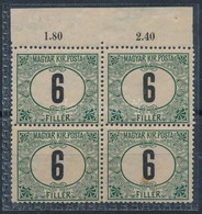 ** 1908 Zöldportó 6f ívszéli Négyestömb 'd' állású Számvízjellel / Postage Due Mi 21x Margin Block Of 4 With IV In Water - Autres & Non Classés