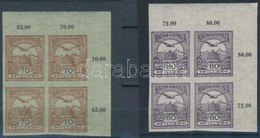 ** 1913 Turul 70f és 80f Vágott ívsarki Négyestömbök / Mi 181-182 Imperforate Margin Blocks Of 4 - Sonstige & Ohne Zuordnung