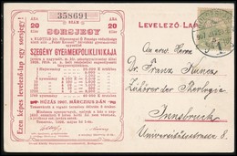 1907 Sorsjegy Képeslap Turul 5f Bérmentesítéssel Kolozsvárról Innsbruckba / Lottery Postcard With 5f Franking From 'KOLO - Other & Unclassified