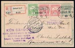 1915 Ajánlott 5f Díjjegyes Levelezőlap Turul 5f + 2 X 10f Díjkiegészítéssel Berlinbe Küldve / Registered PS-card With 25 - Autres & Non Classés