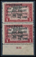 ** Nyugat-Magyarország I. 1921 Parlament 1K Pár Dupla Felülnyomással / Mi 7 Pair With Double Overprint. Signed: Bodor - Sonstige & Ohne Zuordnung