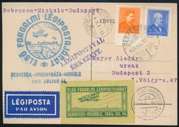 1934 Első Légiposta Levelezőlap Debrecen - Nyíregyháza - Miskolc / First Airmail Card - Autres & Non Classés
