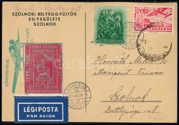 1938 Légi Levelezőlap Budapestről Szolnokra, Piros Szent István Levélzáróval / Airmail Postcard With Label - Autres & Non Classés