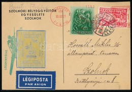 1938 Légi Levelezőlap Budapestről Szolnokra Szent István Levélzáróval / Airmail Postcard With Label - Other & Unclassified