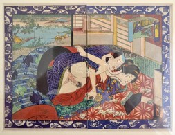 Cca 1840 Utagawa Iskola Shunga Erotikus Japán Fametszet 19x24 Cm üvegezett Keretben  / Ca 1840 Japan, Utagawa School. Er - Prenten & Gravure