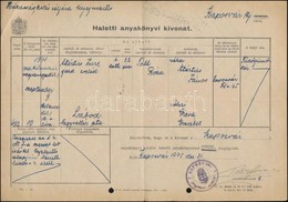 1945 Halotti Anyakönyvi Kivonat. Kaposvár, Hátoldalán 3x200P/1P /16f (ismeretlen Felülnyomású) Illetékbélyeggel. - Non Classés