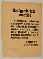 1918 Linder Béla (1876-1962) Hadügyminiszter Rendelete, 1918. Nov. 2.-án Az Országház Előtt Tartandó A Nemzeti Tanácsnak - Unclassified