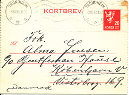 Norway Kortbrev Lettercard Sent To Denmark Trondheim 3-10-1938 - Lettres & Documents