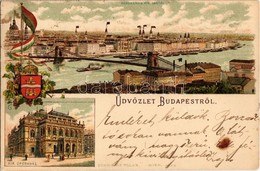 * T2/T3 1894 (Vorläufer!!!) Budapest, Kir. Operaház, Lánchíd. Címeres és Zászlós, Szecessziós Litho / Art Nouveau, Litho - Unclassified