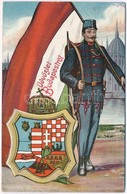 ** T2/T3 Budapest, Címeres Magyar Zászló Katona Leporellolap / Hungarian Coat Of Arms And Flag With Soldier,  Leporelloc - Non Classés