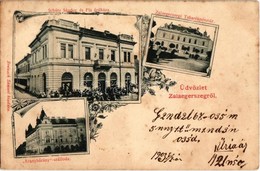 T2/T3 1903 Zalaegerszeg, Takarékpénztár, Aranybárány Szálloda, Schütz Sándor és Fia áruháza. Art Nouveau, Floral. Breisa - Unclassified