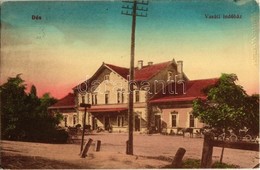 T2/T3 1916 Dés, Dej; Vasúti Indóház, Vasútállomás, Lovaskocsik / Bahnhof / Railway Station, Horse Carts (EK) - Non Classés