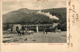 T1/T2 1900 Abos, Obisovce; Hernád Híd Gőzmozdonnyal, Faszállító Lovaskocsik / Railway Bridge Over Hornád River, Locomoti - Non Classés