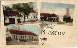 T2/T3 Csácsó, Cacova (Szenice, Senica); Templom, Iskola, Fogyasztási Szövetkezet üzlete / Potravné Druzstvo / Church, Sc - Unclassified