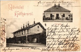 T2/T3 1902 Héthárs, Lipany, Lipjany; Városház, Vasútállomás. Krischer Lipót Kiadása / Town Hall, Railway Bridge (EK) - Zonder Classificatie