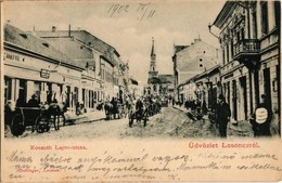 T2 1902 Losonc, Lucenec; Kossuth Lajos Utca, Templom, üzletek / Street View, Church, Shops - Non Classés