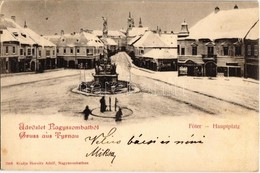 T2 1903 Nagyszombat, Tyrnau, Trnava; Fő Tér Télen, Szentháromság Szobor, üzletek. Horvitz Adolf Kiadása / Main Square In - Non Classés