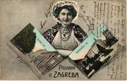 T2 1909 Zágráb, Zagreb; Zrinjski Trg, Akademicki Trg / Zrínyi és Akadémia Tér, Horvát Folklór, Asszony Népviseletben. Ki - Unclassified