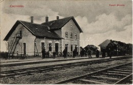 T2/T3 1918 Cservenka, Crvenka; Vasútállomás, Gőzmozdony, Vasutasok. Geyer László Kiadása / Bahnhof / Railway Station, Lo - Non Classés