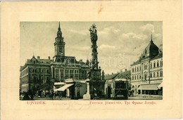 * T2 1919 Újvidék, Novi Sad; Ferenc József Tér, Temerini út-i Villamos, Szentháromság Szobor, Mayer Nagyszálloda, Városh - Non Classés