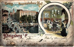 * T2/T3 1903 Kaliningrad, Königsberg; Gruss Aus Dem Preussischen Hof, Restaurations-Saal / Street View With Tram, Königs - Non Classés