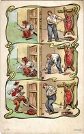 ** T2/T3 Bizarre Humour. Butcher Placing Pig Intestines Under A Squatting Man. Art Nouveau, Litho  (EK) - Non Classificati