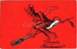 T3 1933 Üdvözlet A Krampusztól! / Krampus Greeting Art Postcard With Krampus Flying On A Broomstick (szakadás / Tear) - Non Classificati