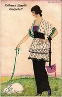 T2 Kellemes Húsvéti Ünnepeket! / Easter Greeting Art Postcard, Lady With Bunny. B.K.W.I. 4691-2. S: Mela Koehler - Unclassified