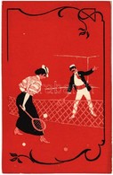 ** T4 Lawn Tennis. Tennis Playing Couple At The Tennis Court, Art Postcard (vágott / Cut) - Zonder Classificatie