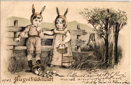 T2 1903 Húsvéti Üdvözlet / Easter Greeting Art Postcard With Children Dressed In Rabbit Costume. Emb. Litho - Non Classés