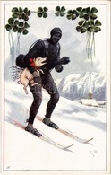 ** T1 New Year Greeting Art Postcard. Chimney Sweeper Skiing With Pig. Clovers. B.K.W.I. Nr. 3181-1. Litho - Ohne Zuordnung