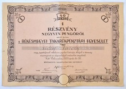 1939. 'Békásmegyeri Takarékpénztári Egyesület' Névre Szóló Részvénye 40P-ről, Szelvényekkel, Szárazpecséttel T:III Szaka - Ohne Zuordnung