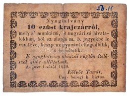 Munkács 1849. 10kr 'Munkácsi Sóhivatal' T:III Középső Hajtás Mentén Papír Elvékonyodott / Hungary / Munkács 1849. 10 Kre - Ohne Zuordnung