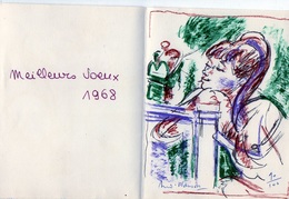 B001 - Unique André PLANSON - Dessin Original "meilleurs Voeux 1968 + Enveloppe 10/100 - Autographes
