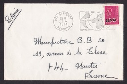 Reunion: Airmail Cover To France, 1971, 1 Stamp, Currency Value Overprint, Cancel Theatre Festival (minor Damage) - Storia Postale