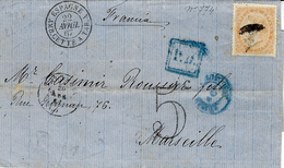 1867- Enveloppe De Valencia Affr. 12 Cuartos + Taxe 5 + Entrée ESPAGNE / AMB.CETTE A TAR. A  Noir - Marques D'entrées