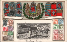 ! Alte Präge Ansichtskarte Wappen Bettembourg, Bettemburg, Bahnhof, La Gare, Luxemburg, Briefmarken, Timbres, Luxembourg - Bettembourg